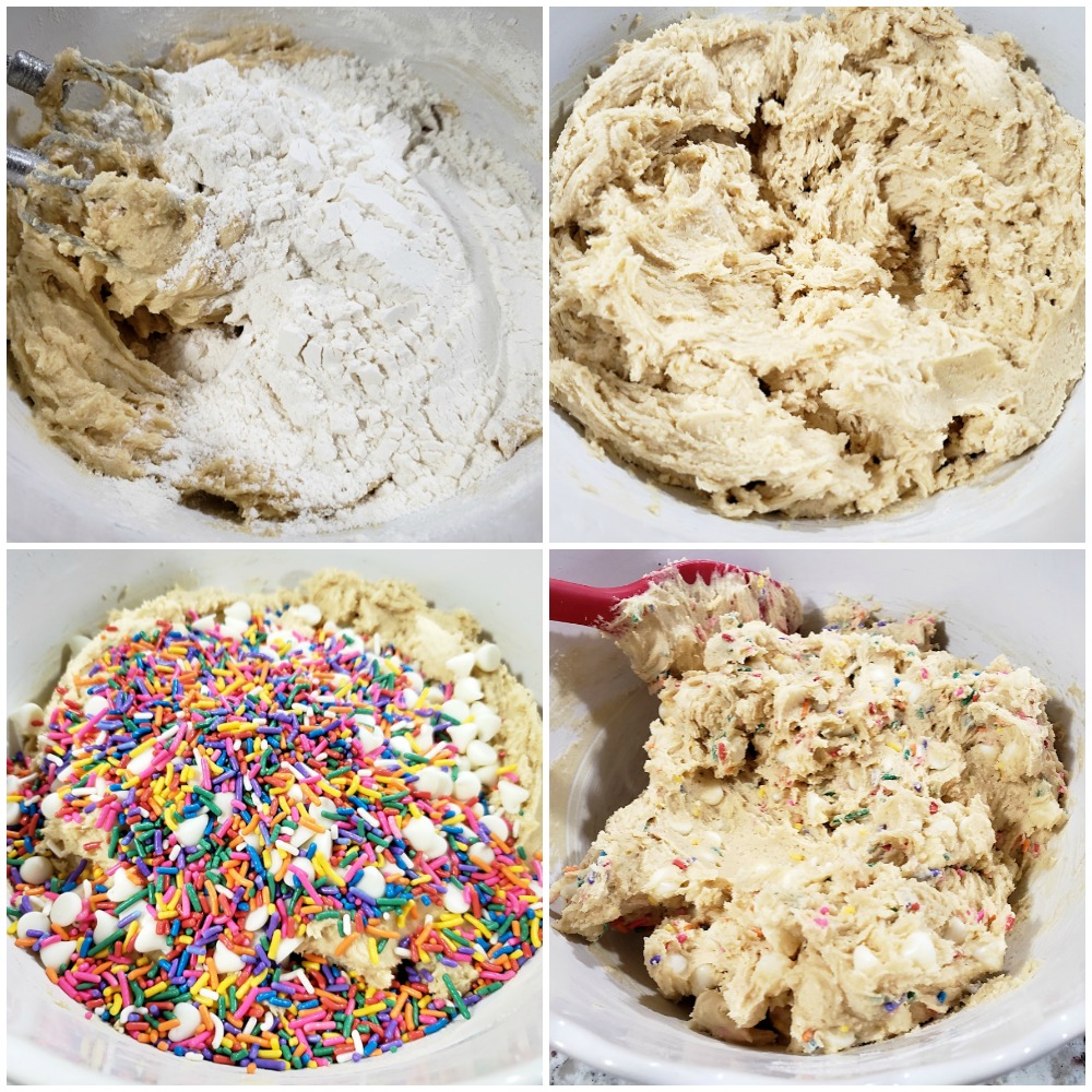 Mixing cookie dough in a bowl.