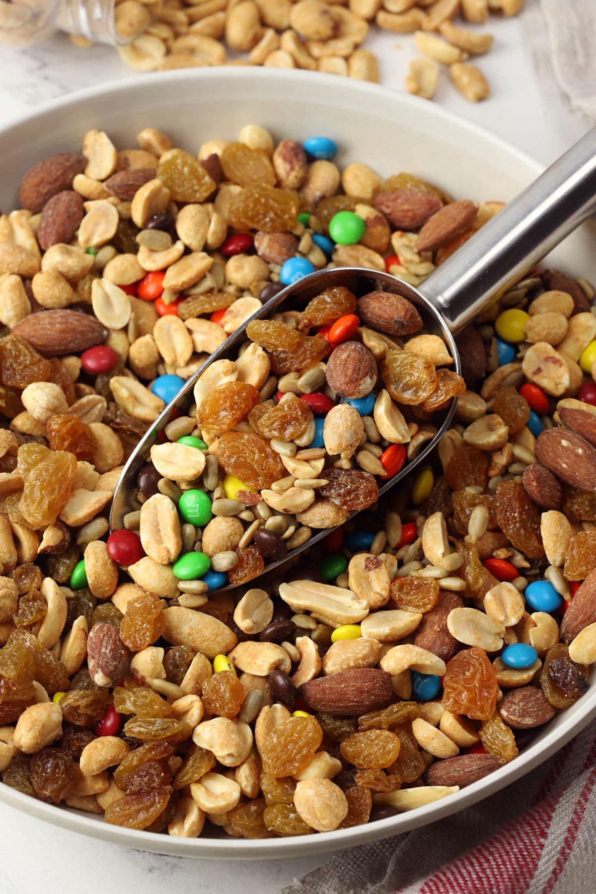 Metal scoop in a bowl of trail mix.