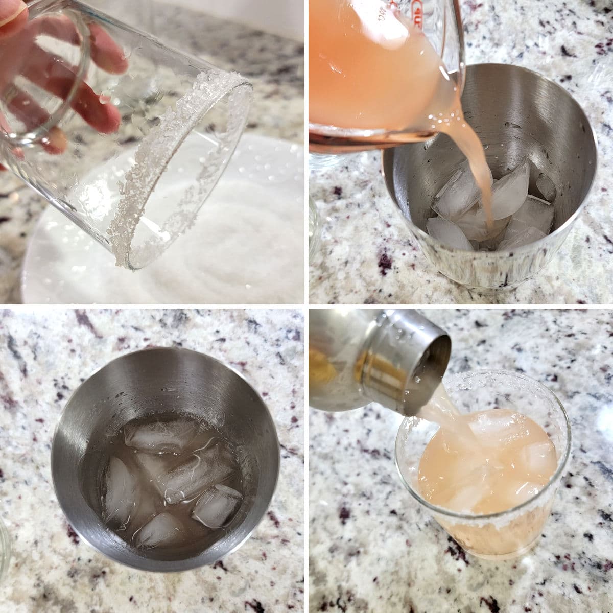 Making a grapefruit margarita in a cocktail shaker.