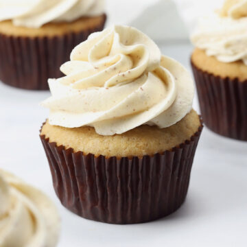 Applesauce cupcake topped with browned butter frosting.