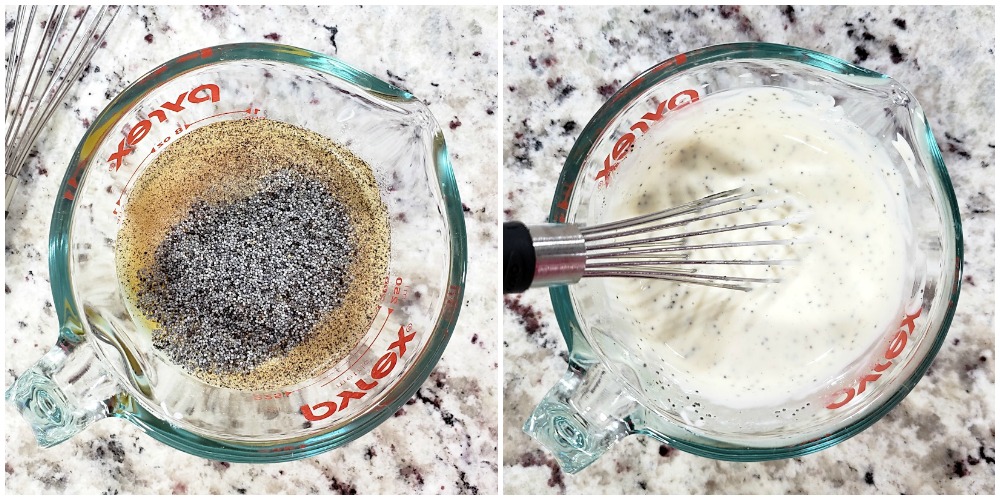 Whisking a salad dressing in a glass measuring cup.