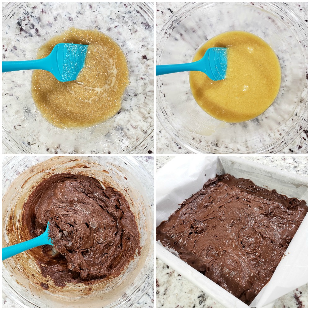 Mixing brownie batter and pouring into a pan.