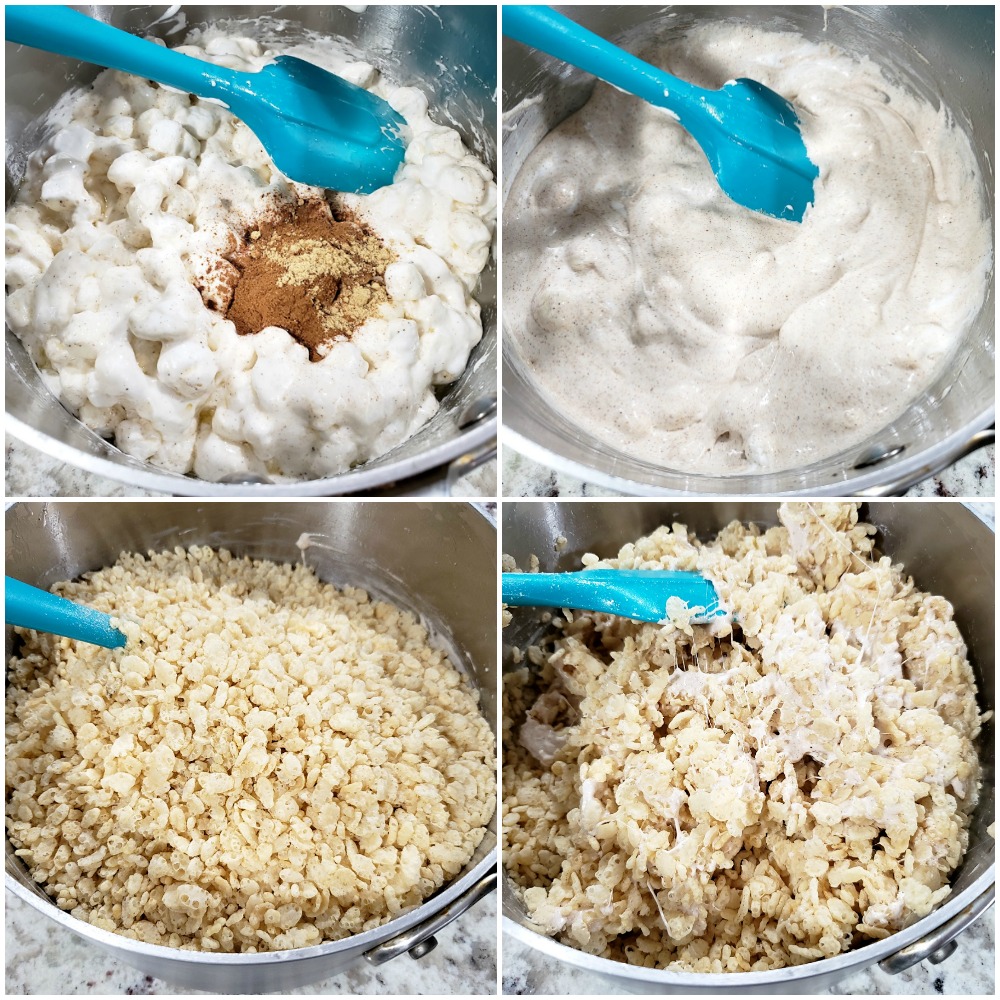 Melting marshmallows and stirring in rice krispies cereal.