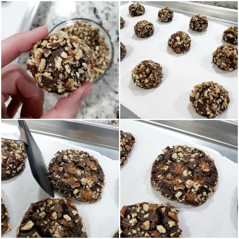 Rolling cookies in pecans and baking on a baking sheet.