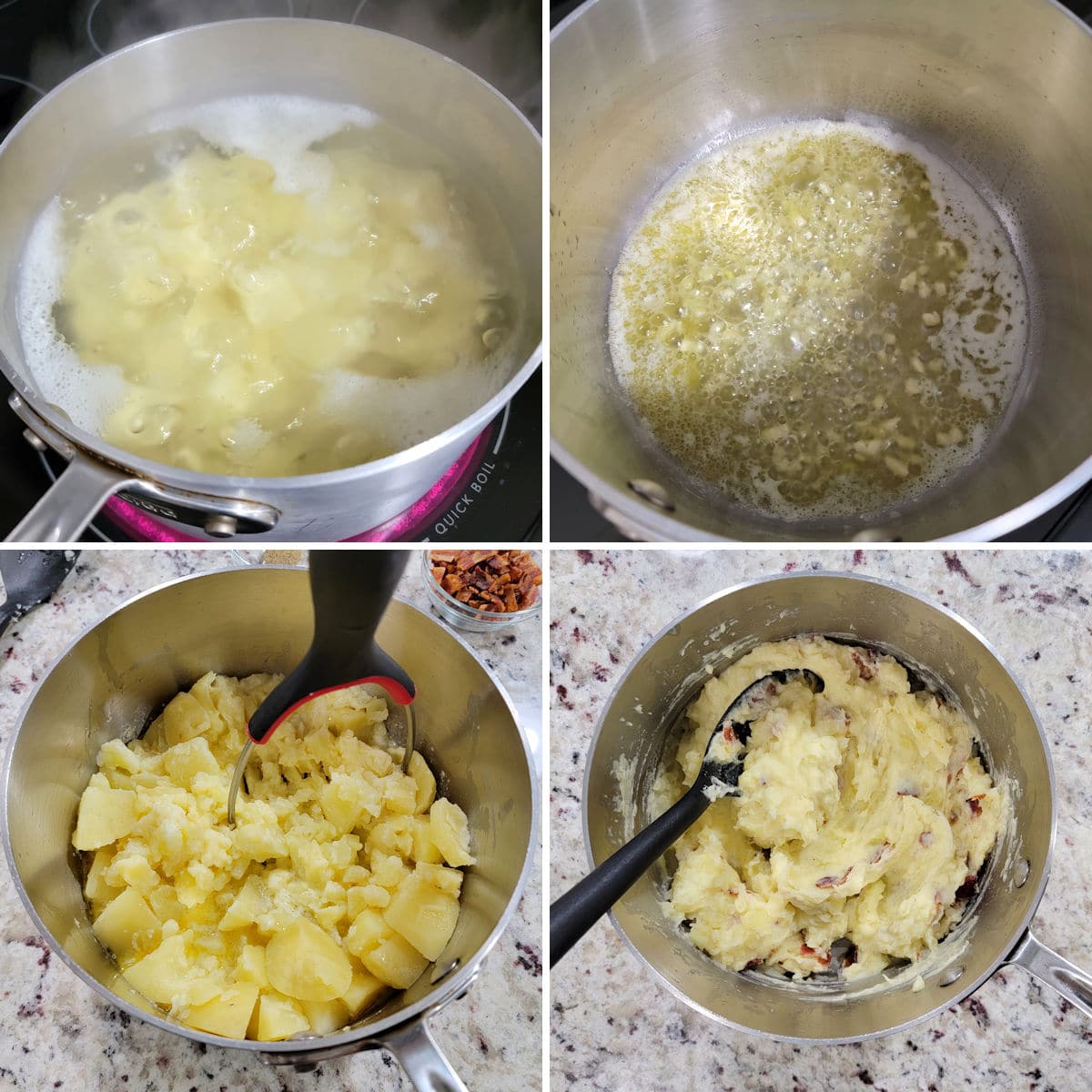 Making bacon mashed potatoes in a metal pot.