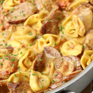 Andouille sausage and tortellini in a creamy sauce.
