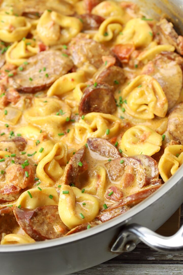 Andouille sausage and tortellini in a creamy sauce.