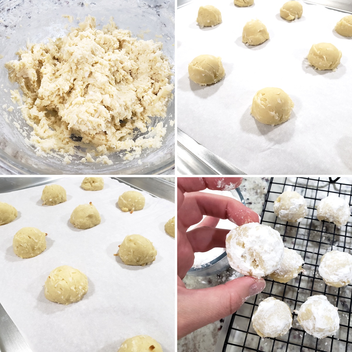 Rolling dough into balls and baking on a baking sheet.