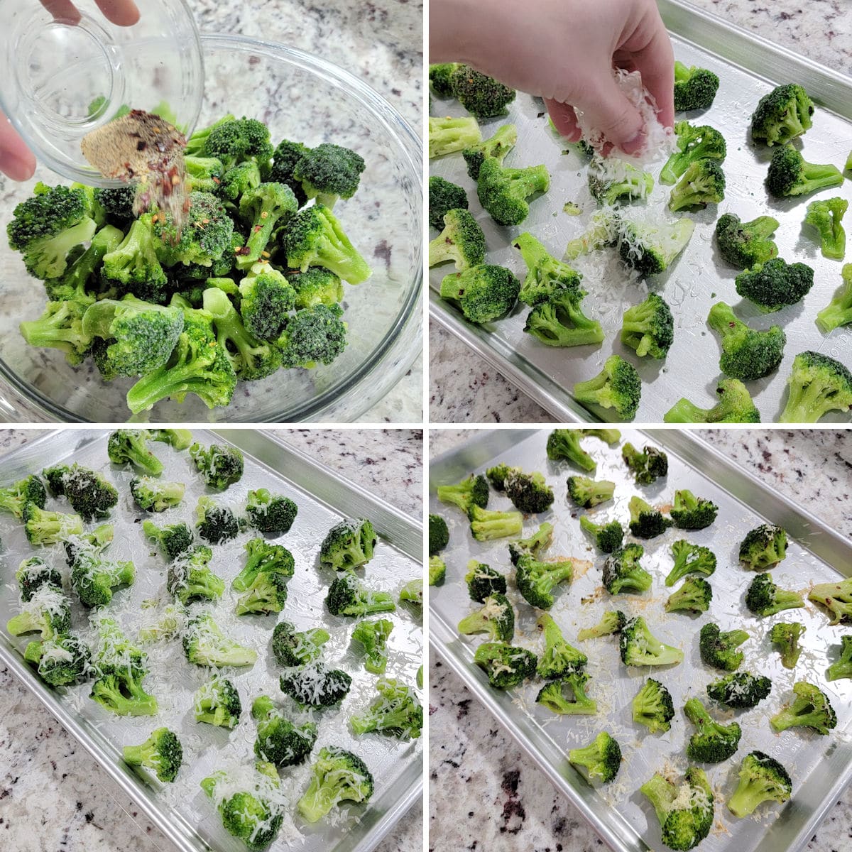 Assembling frozen broccoli florets on a metal sheet pan.