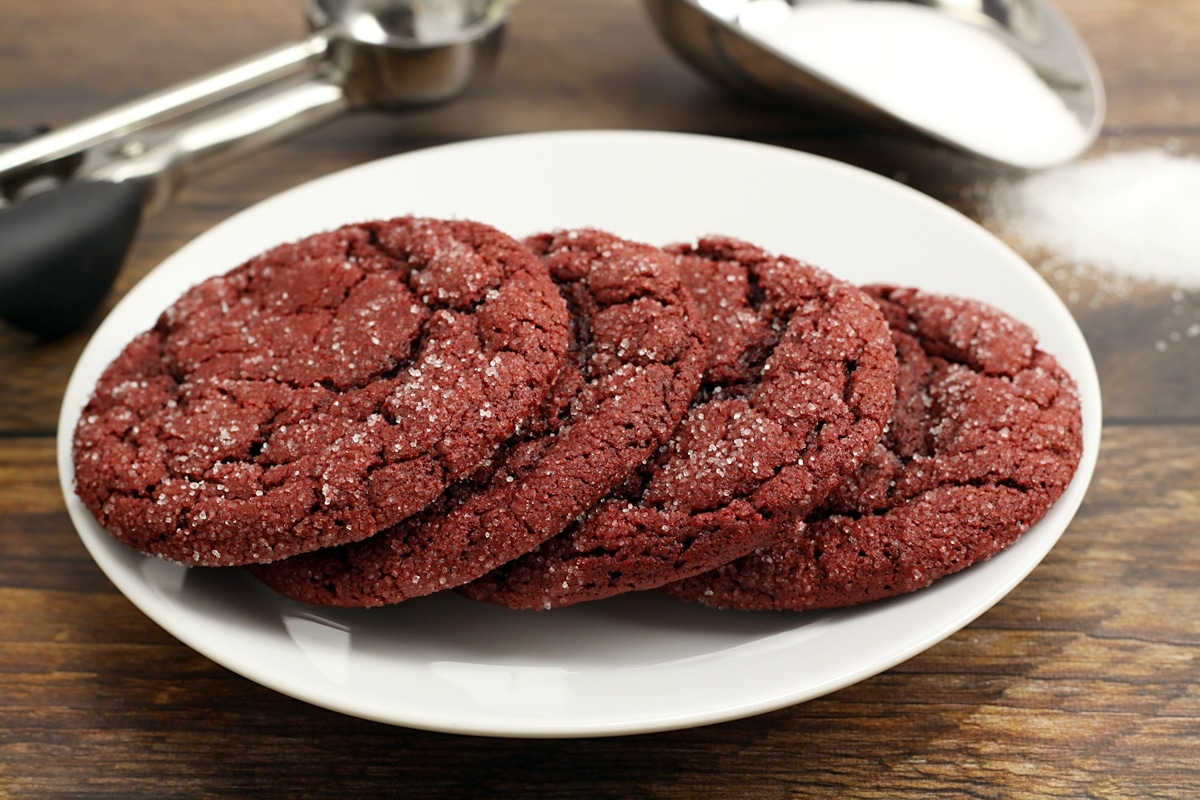 A white plate of red velvet cookies.