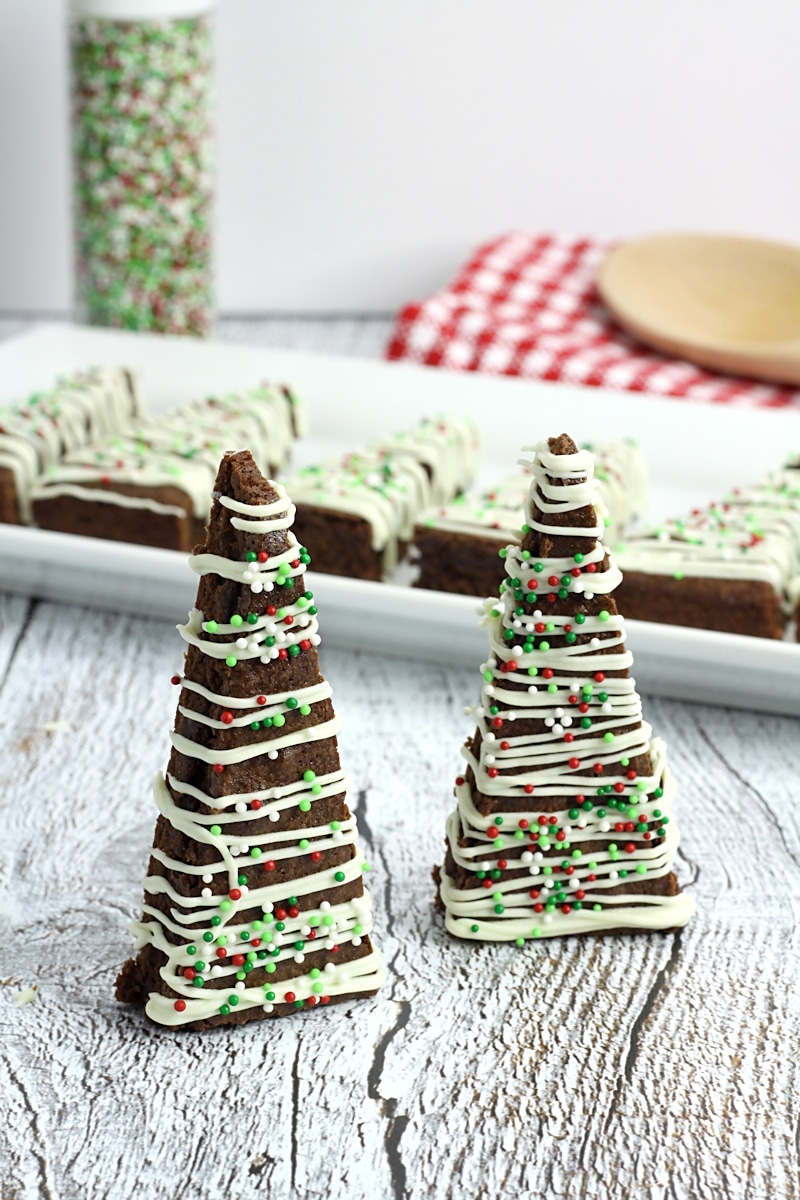 Two chocolate brownie trees with sprinkles.