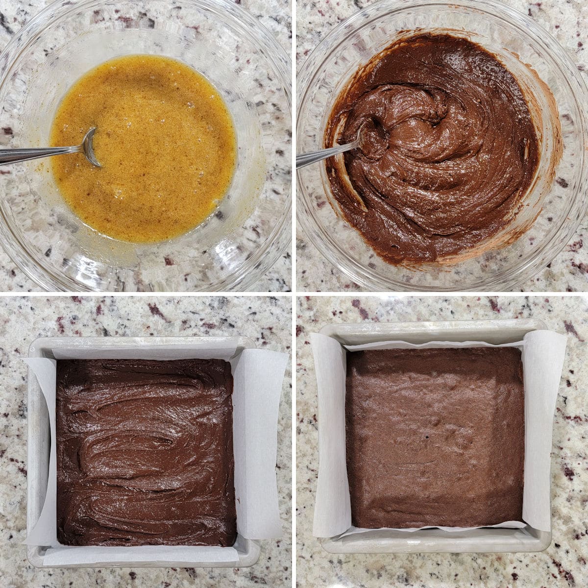 Mixing brownie batter and baking in an 8x8 pan.