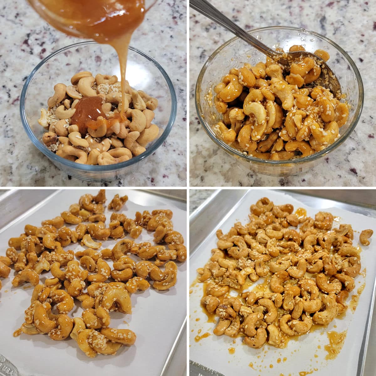Making honey sesame cashews in a glass bowl and roasting on a sheet pan.