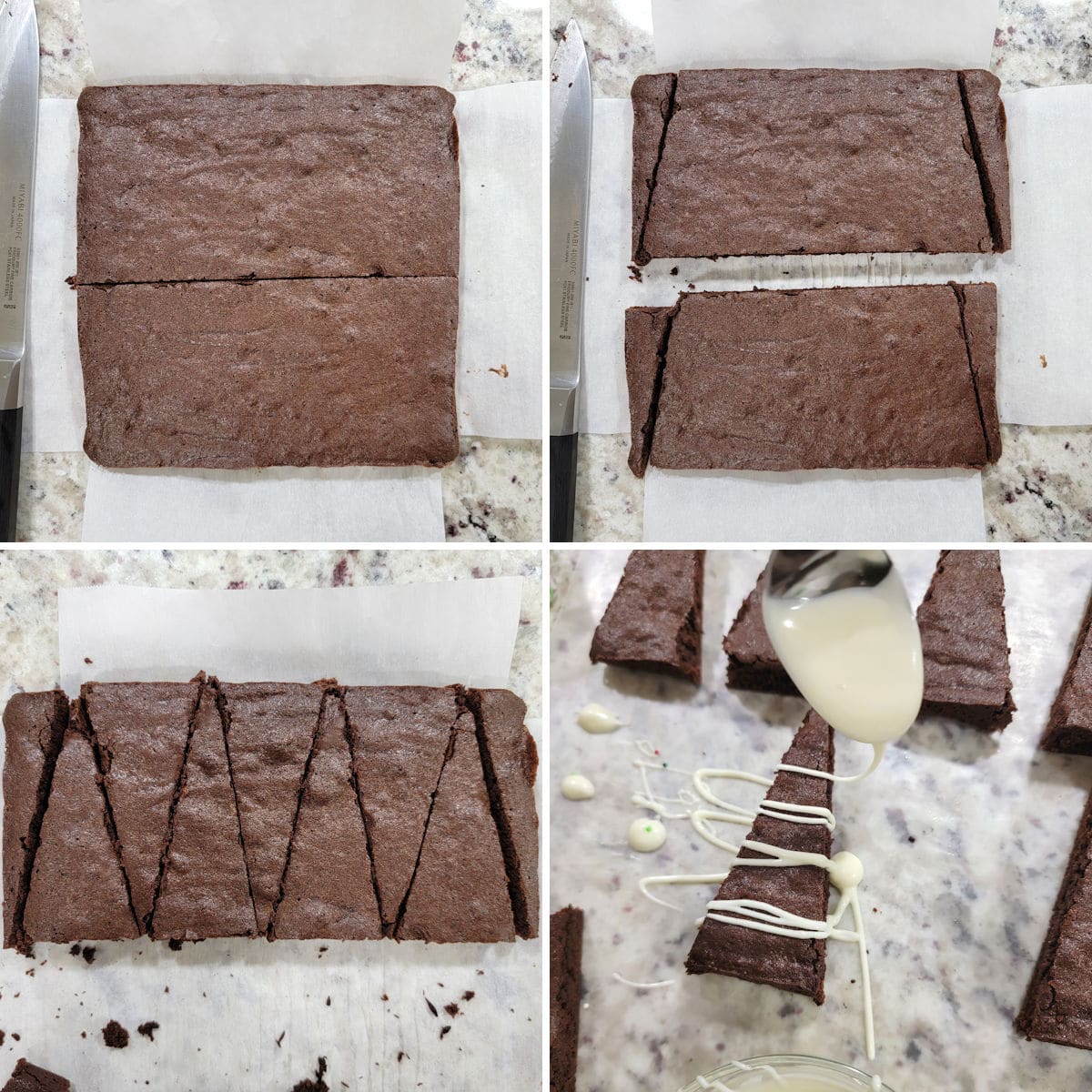 Slicing brownies into tree shapes.