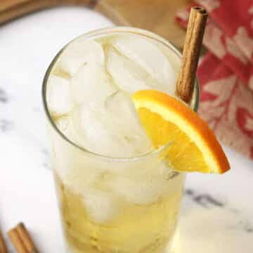 A highball glass filled with a pale orange cocktail garnished with an orange slice and cinnamon stick.