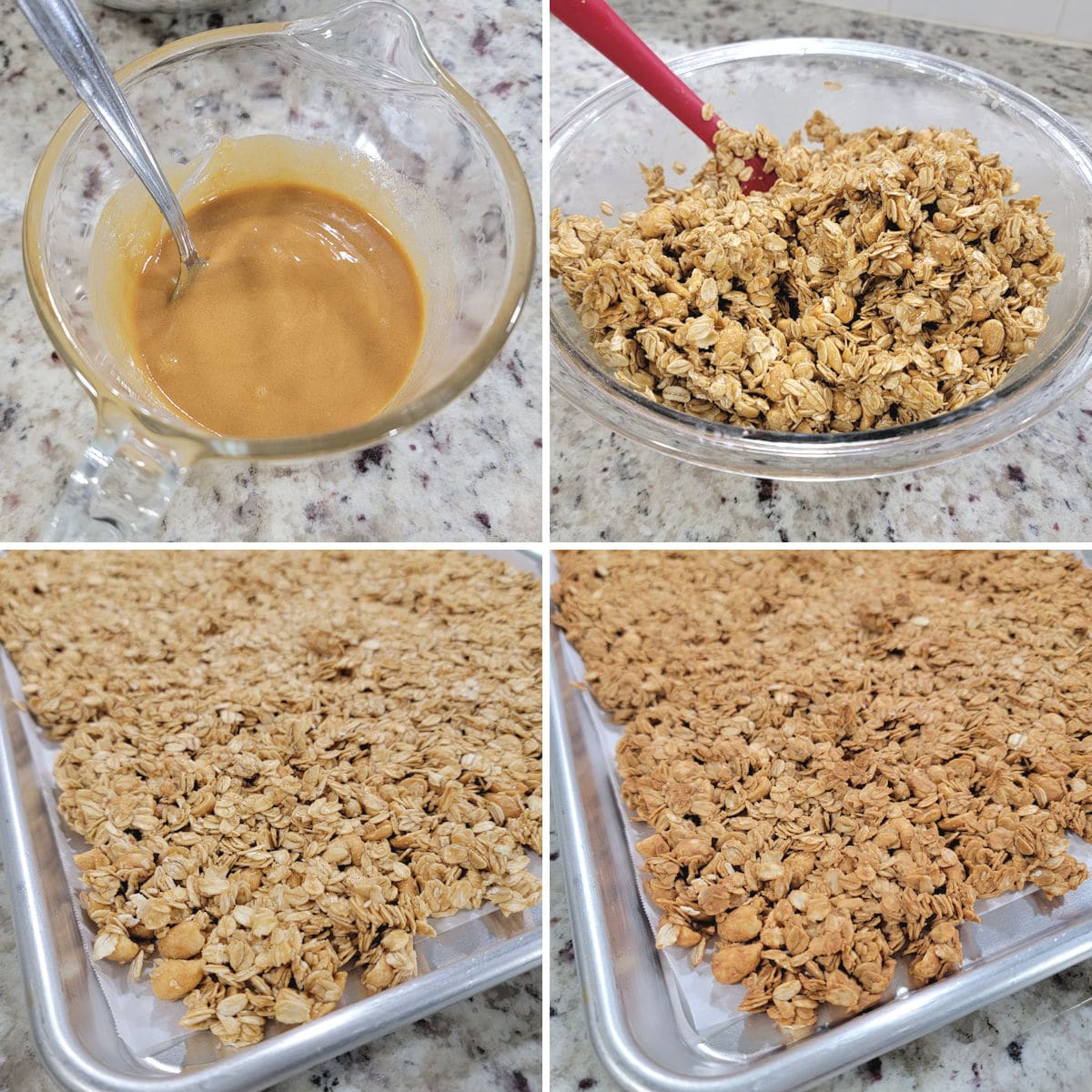 Mixing and baking peanut butter granola on a sheet pan.