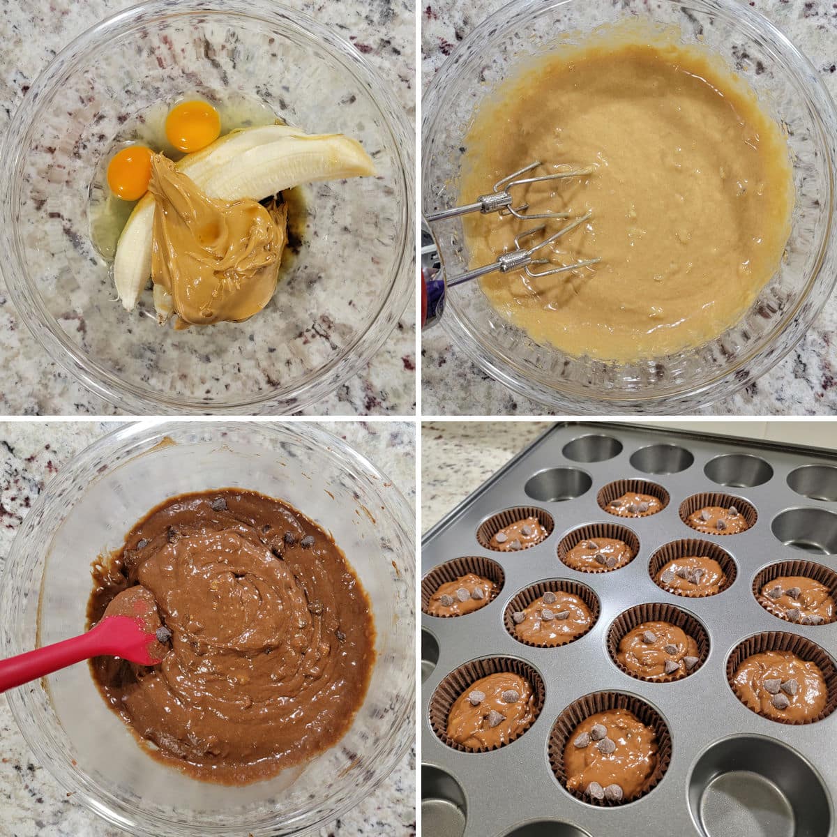 Making muffin batter in a glass bowl and dividing into a muffin pan.