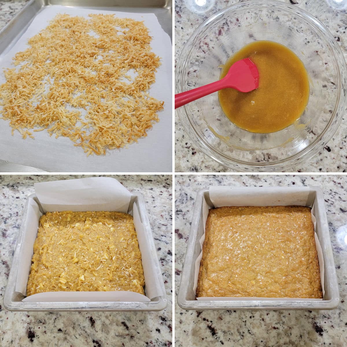 Making toasted coconut blondies in an 8x8 square pan.