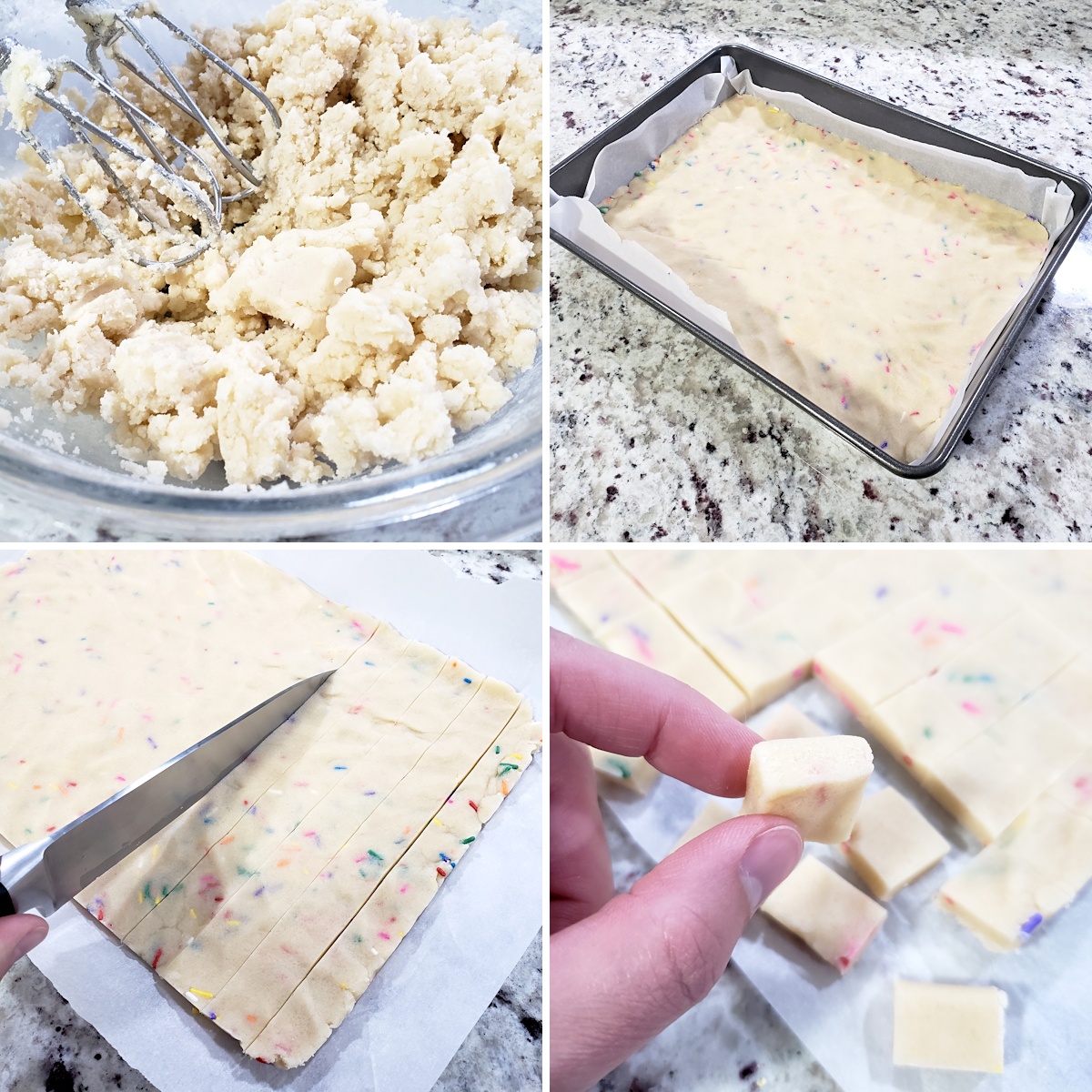 Shortbread cookie dough pressed into a pan, then being sliced into squares.