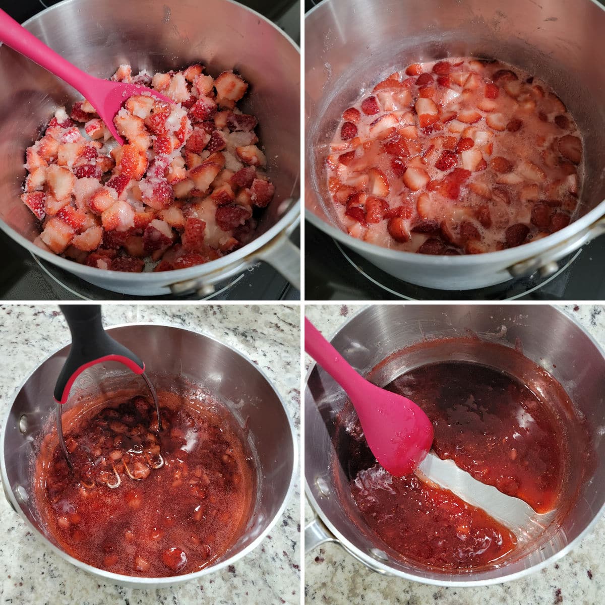 Making strawberry jam in a saucepan.
