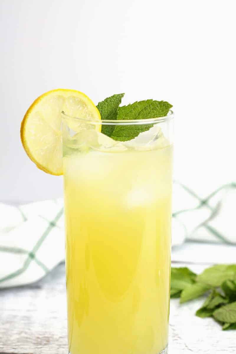 A tall glass of lemonade with a mint sprig.