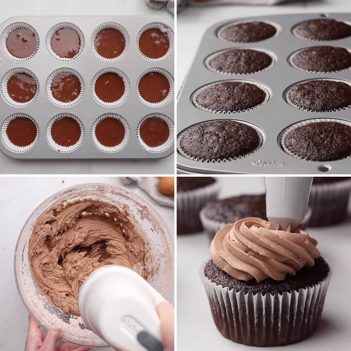Baking chocolate cupcakes in a cupcake pan and topping with buttercream frosting.