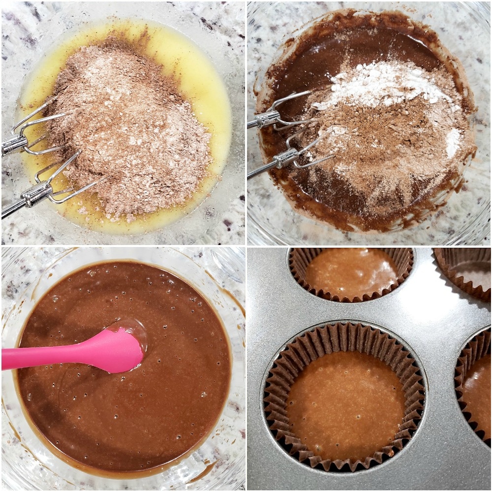 Mixing a chocolate batter in a bowl.