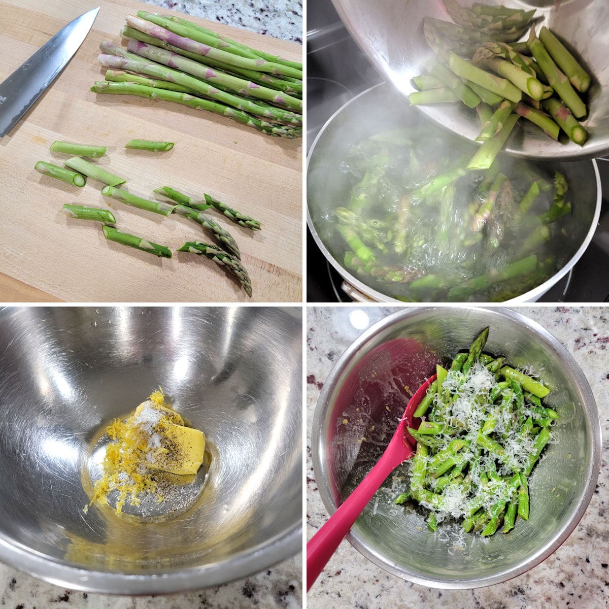 A collage showing the preparation of lemon parmesan asparagus.