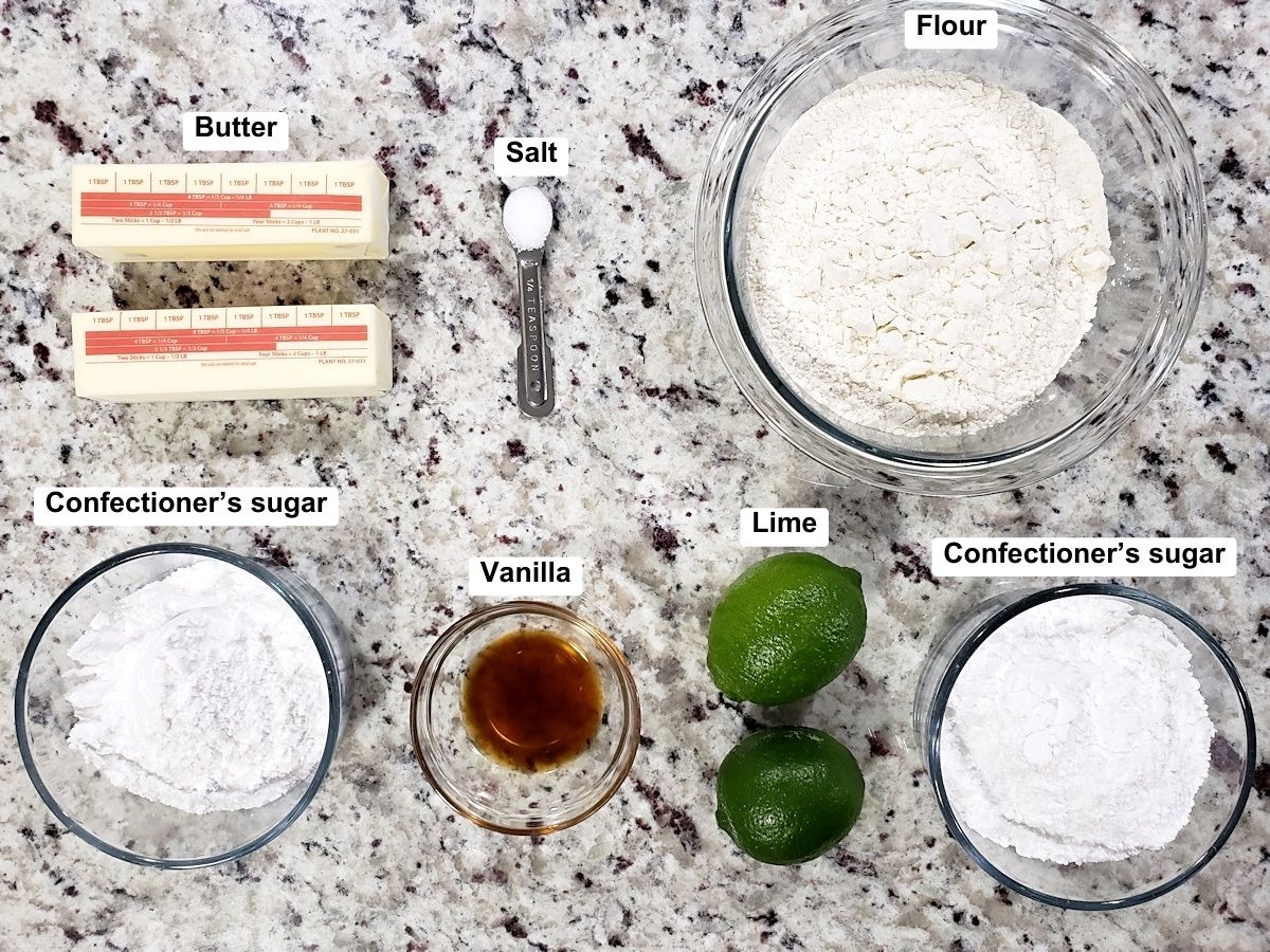 ingredients for lime shortbread cookies.