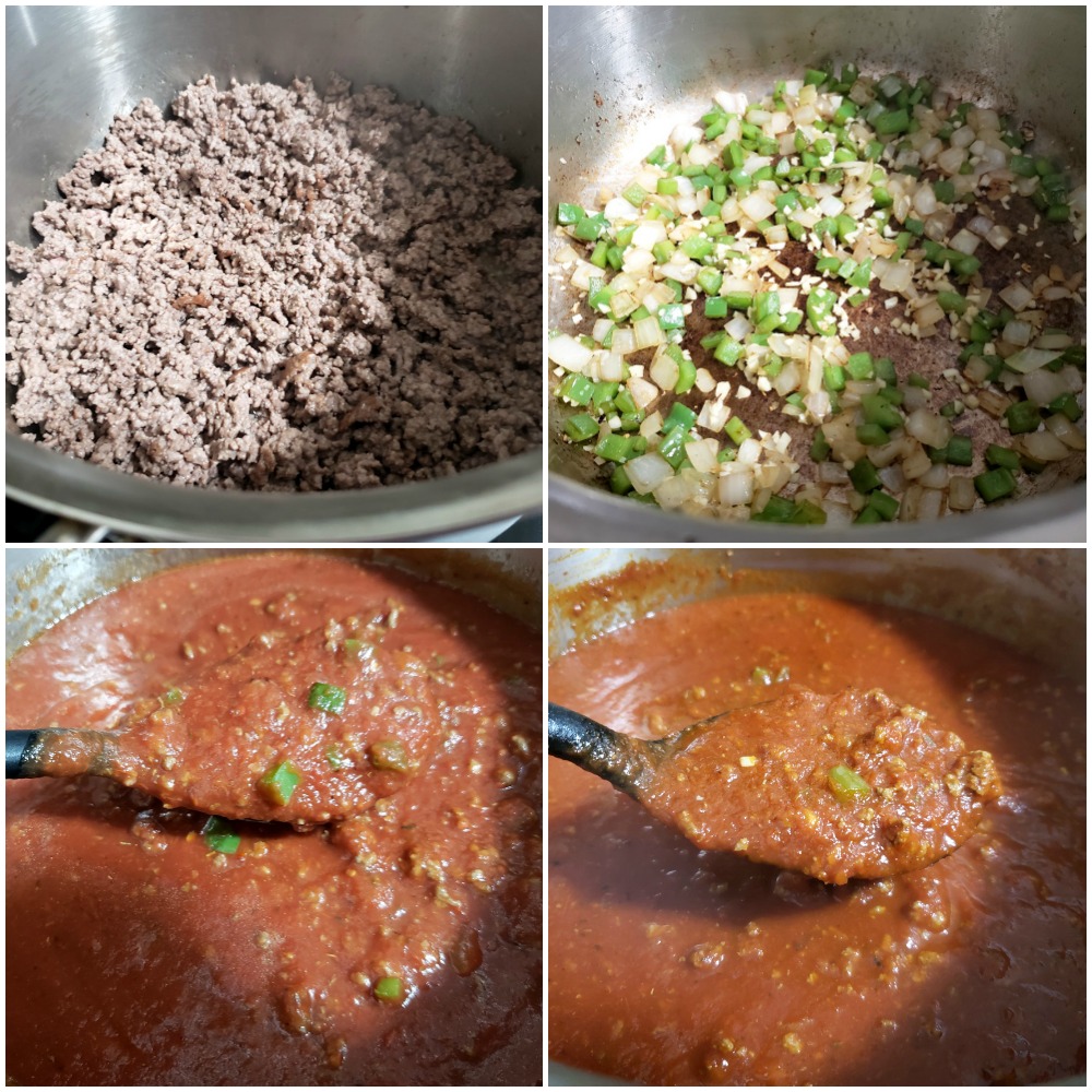 Cooking ground beef and vegetables in a pan, then adding crushed tomatoes.