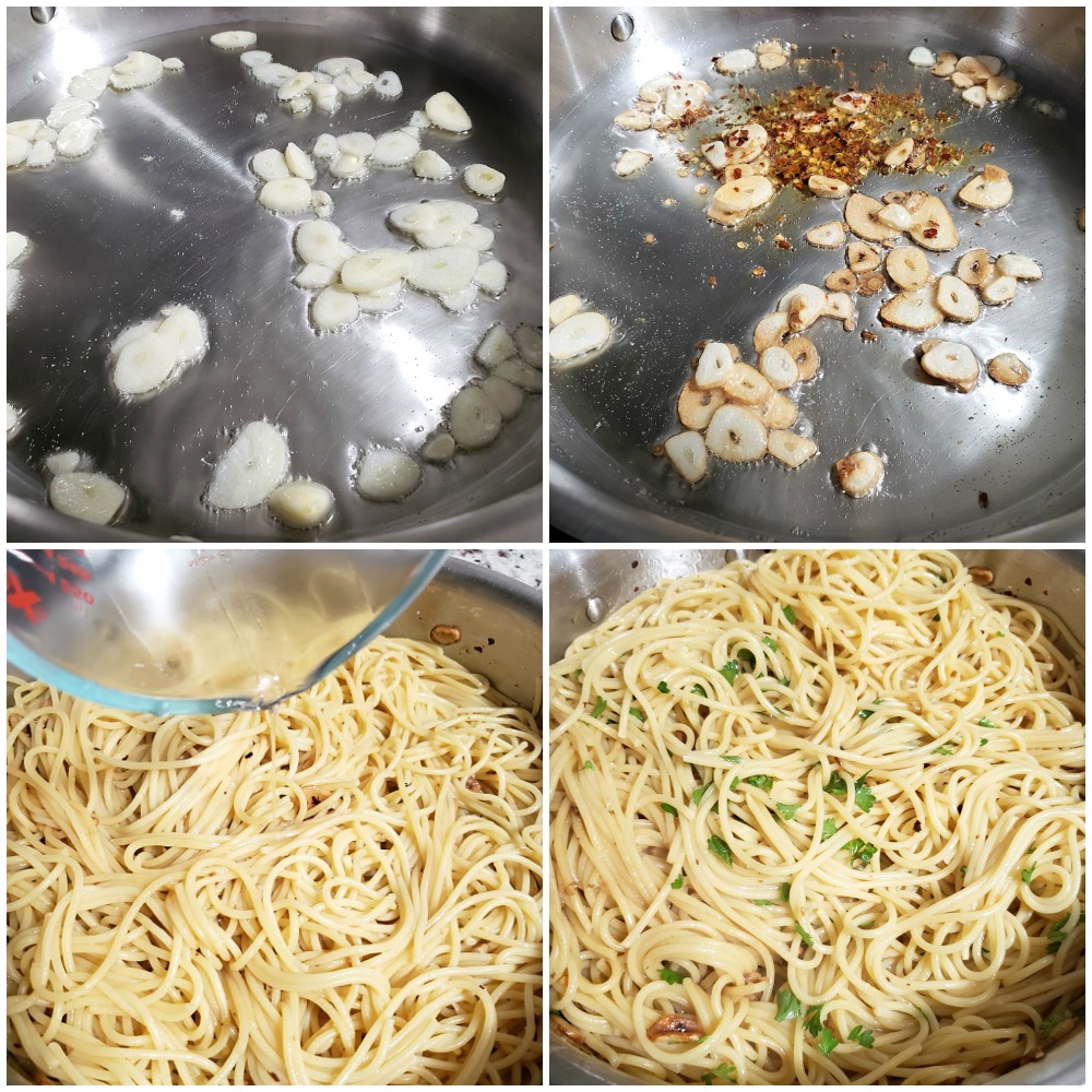 Browning garlic in a pan, then adding pasta.