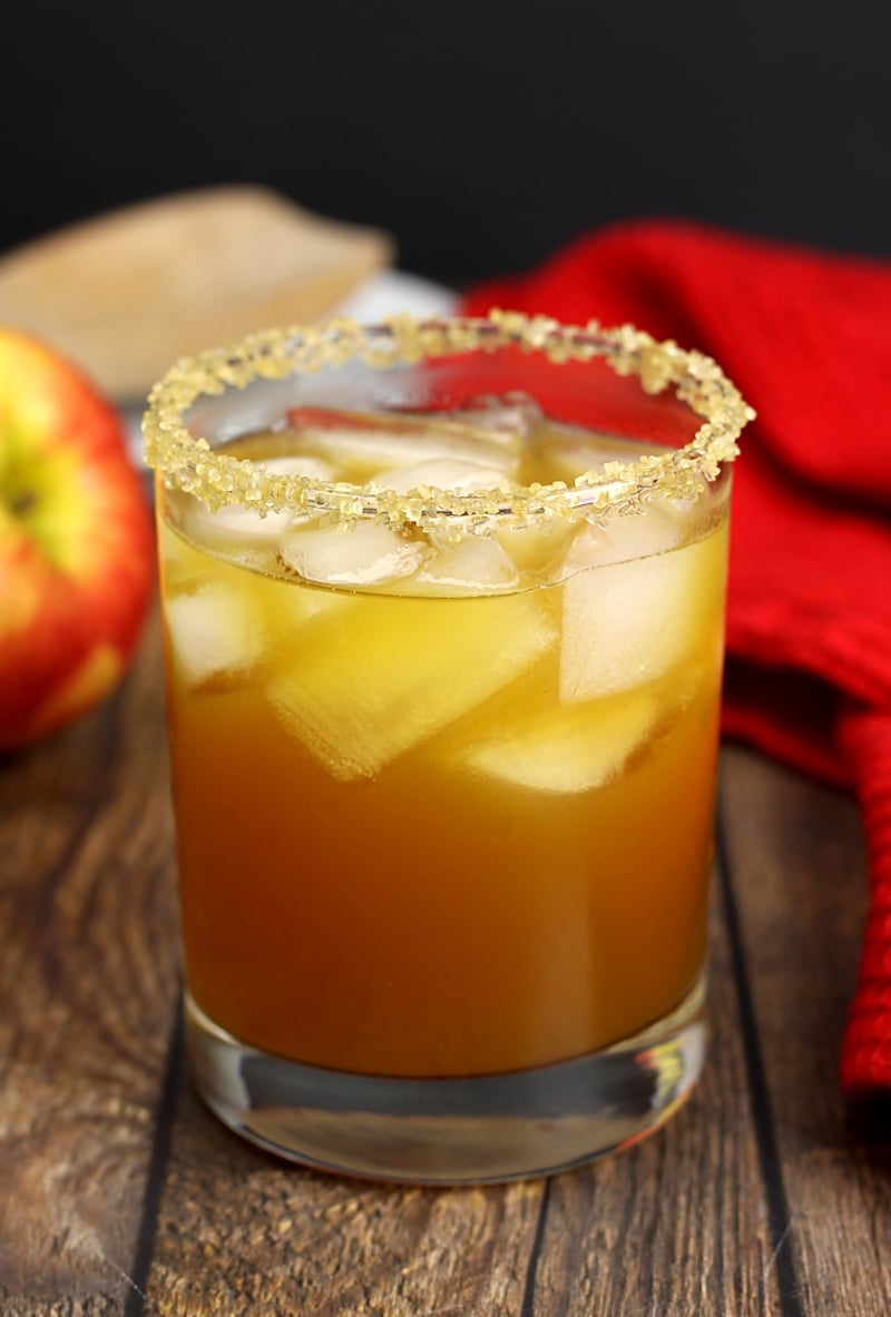 Apple pie cocktail in a lowball glass.