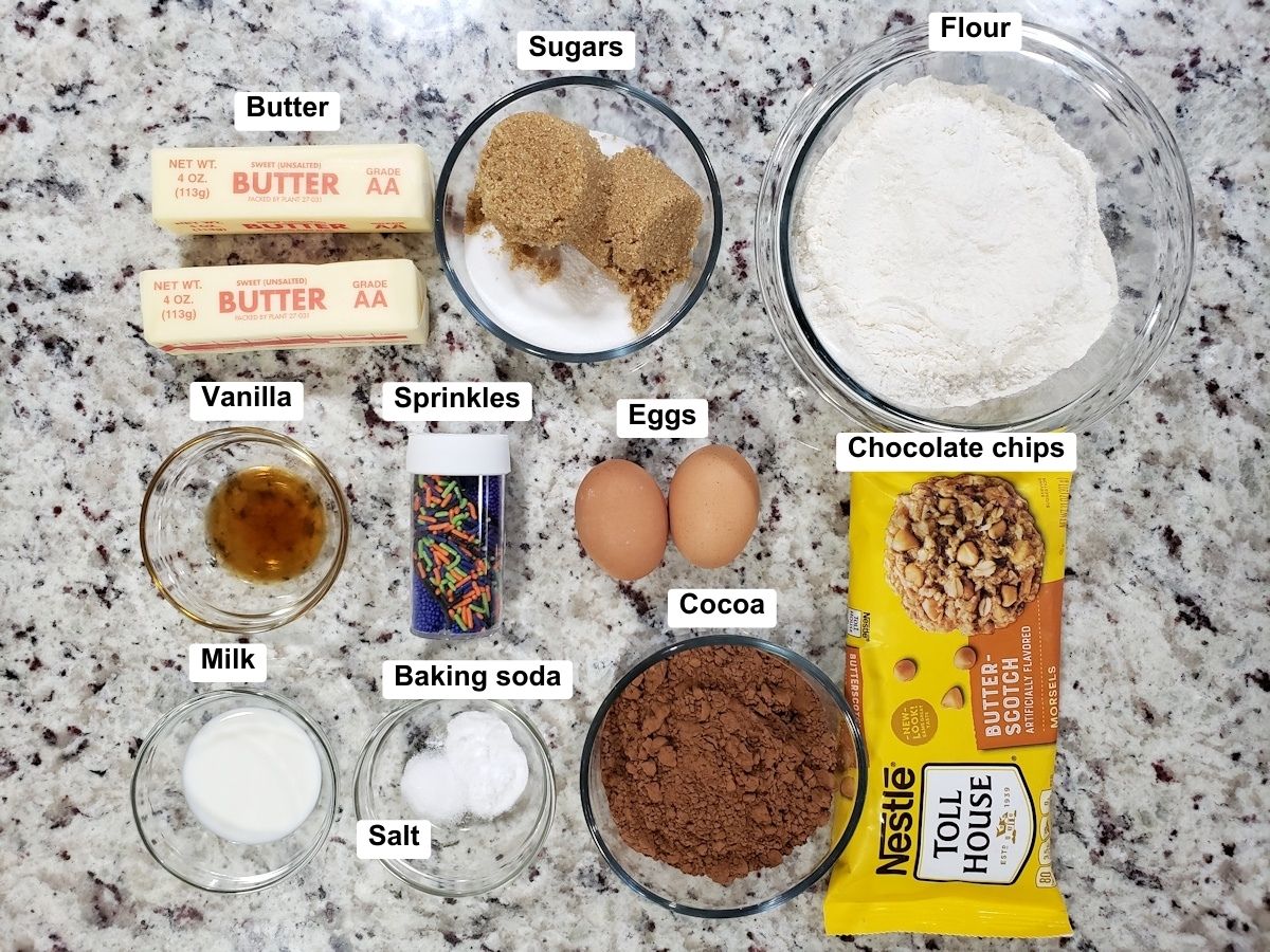 Ingredients for cookies on a counter top.