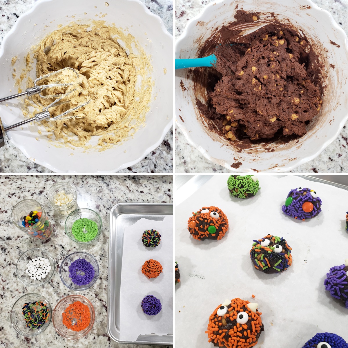 Mixing cookie dough and decorating cookie dough balls with sprinkles on a baking sheet.