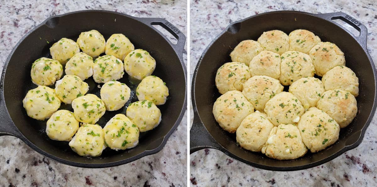 Cheese stuffed biscuits before and after baking.