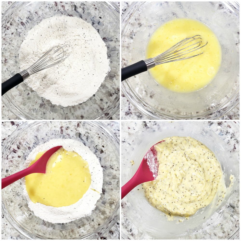 Mixing wet and dry ingredients for muffins.
