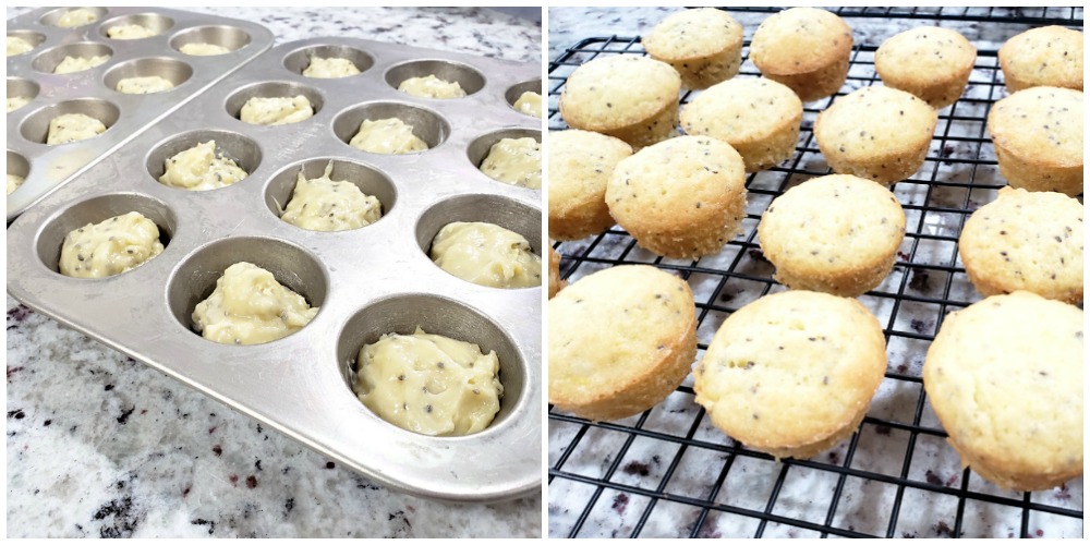 Adding batter to a muffin pan, and muffins on a cooling rack.