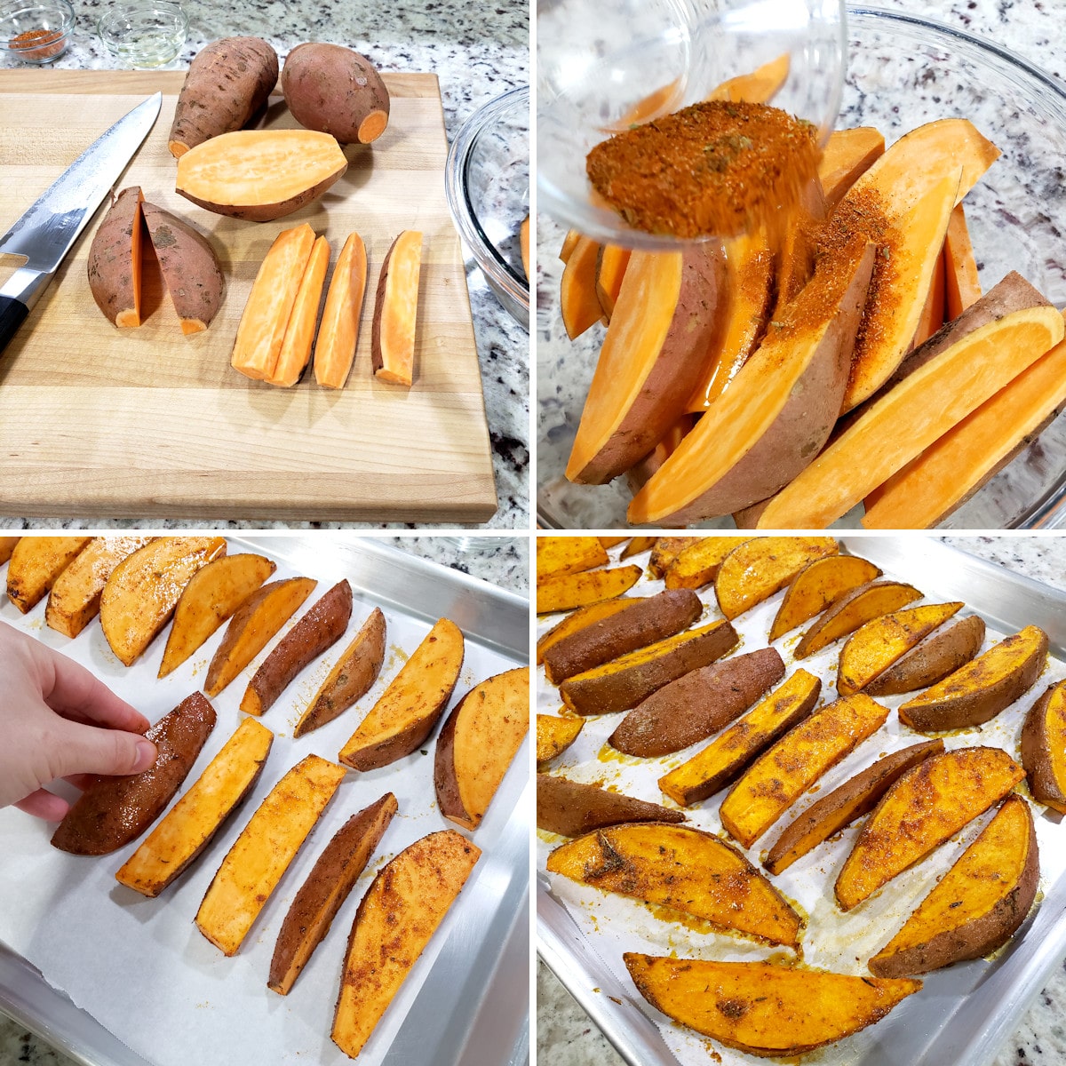 Slicing and preparing cajun sweet potato wedges.