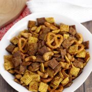 Spicy garlic chex mix in a large serving bowl.