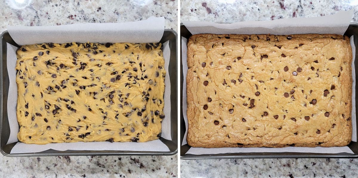 Chocolate chip cookie bars before and after baking.
