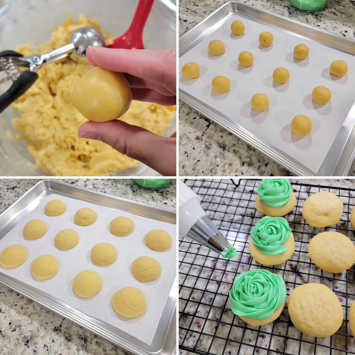 Rolling dough into balls, baking on a cookie sheet, and frosting.