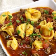 Tortellini and ground beef in a chunky tomato soup.