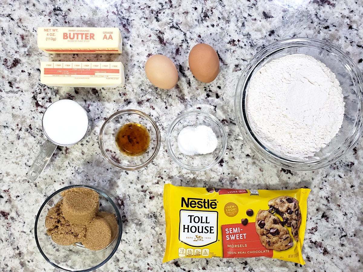 Ingredients to make chocolate chip cookies.