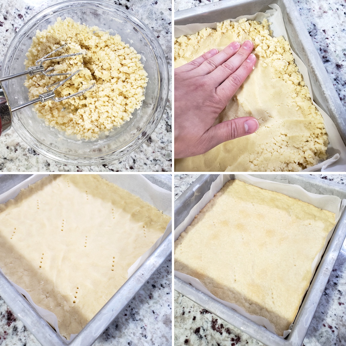 Pressing a shortbread crust into a square baking pan.