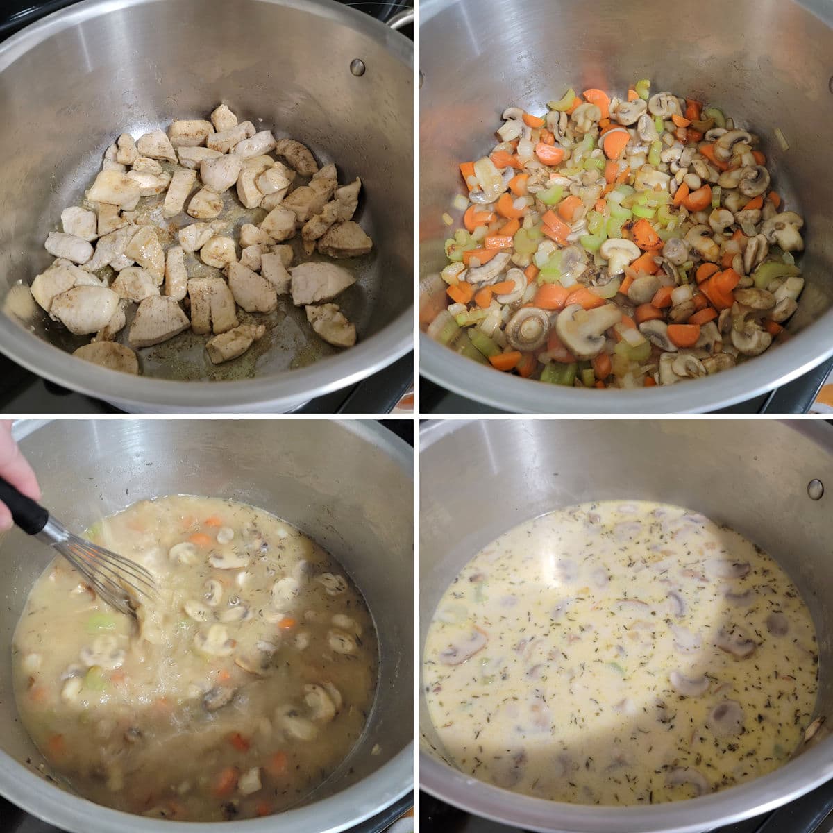 Making creamy mushroom soup in a stock pot.