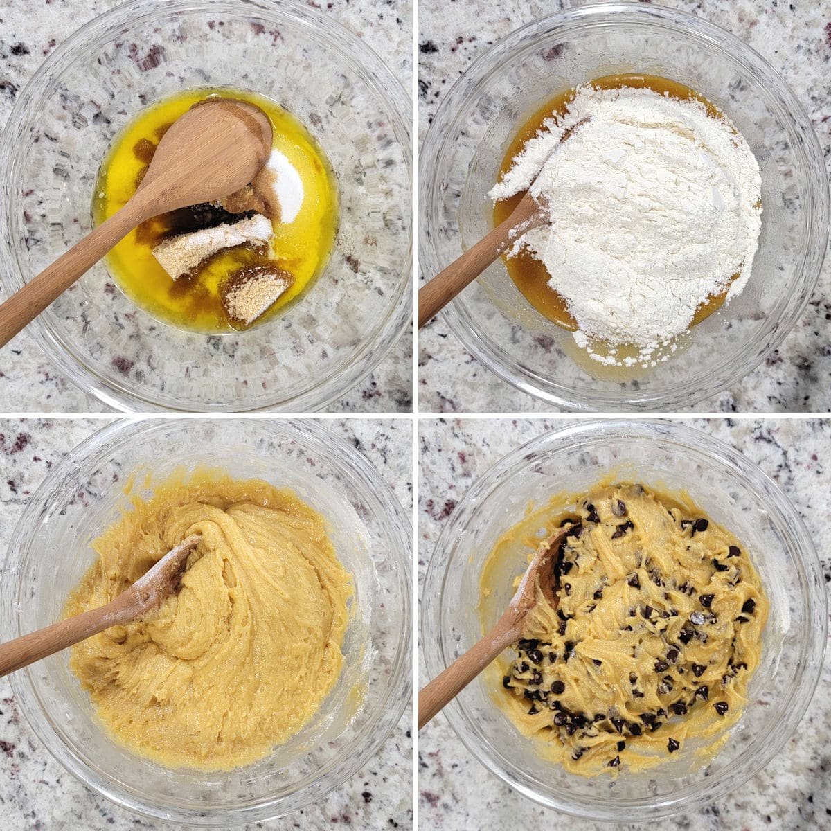 A collage showing ingredients being mixed into a cookie batter.