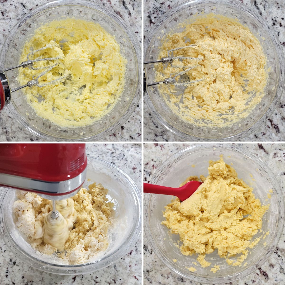 Mixing soft sugar cookie dough in a glass bowl.