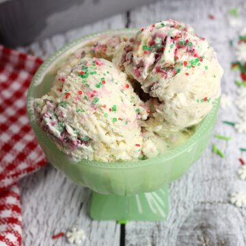 Christmas cookie ice cream in a green serving bowl.