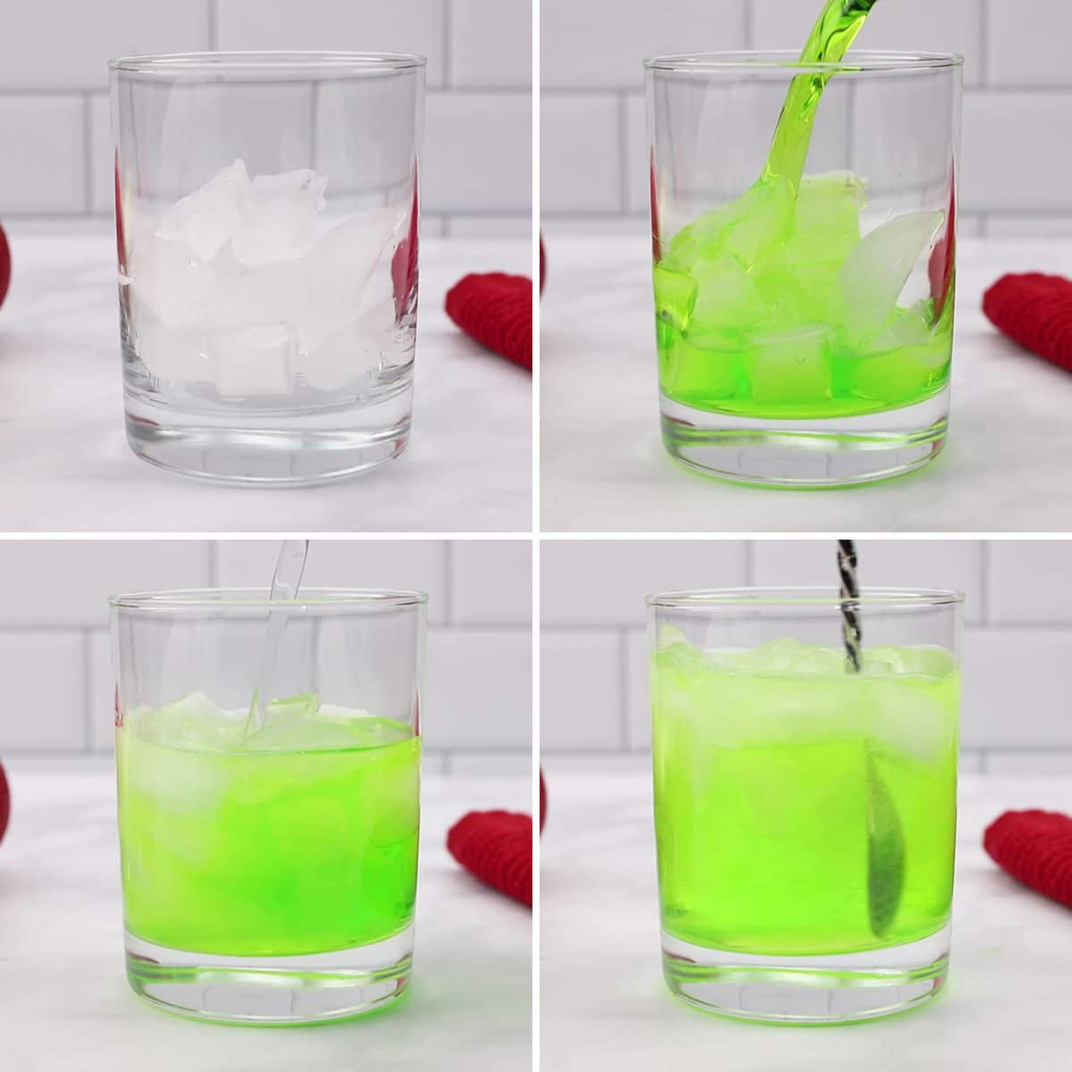 Mixing a Grinch cocktail in a lowball glass.