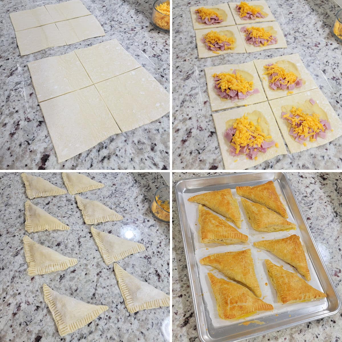 Assembling ham and cheese puff pastry on a countertop.
